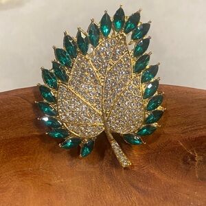 Gold Leaf Brooch with Emerald Green Accents